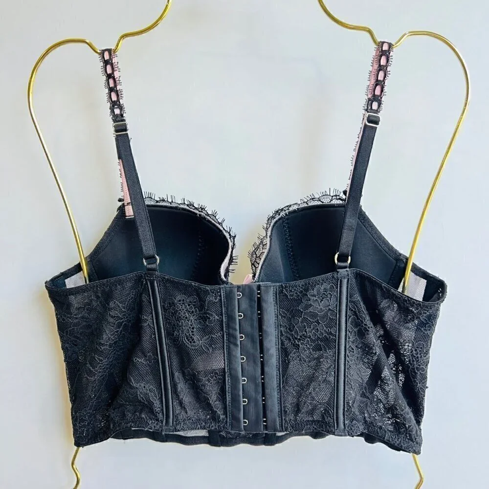 Victoria's Secret NWT lightly lined corset lace top, Black/pink, Size M